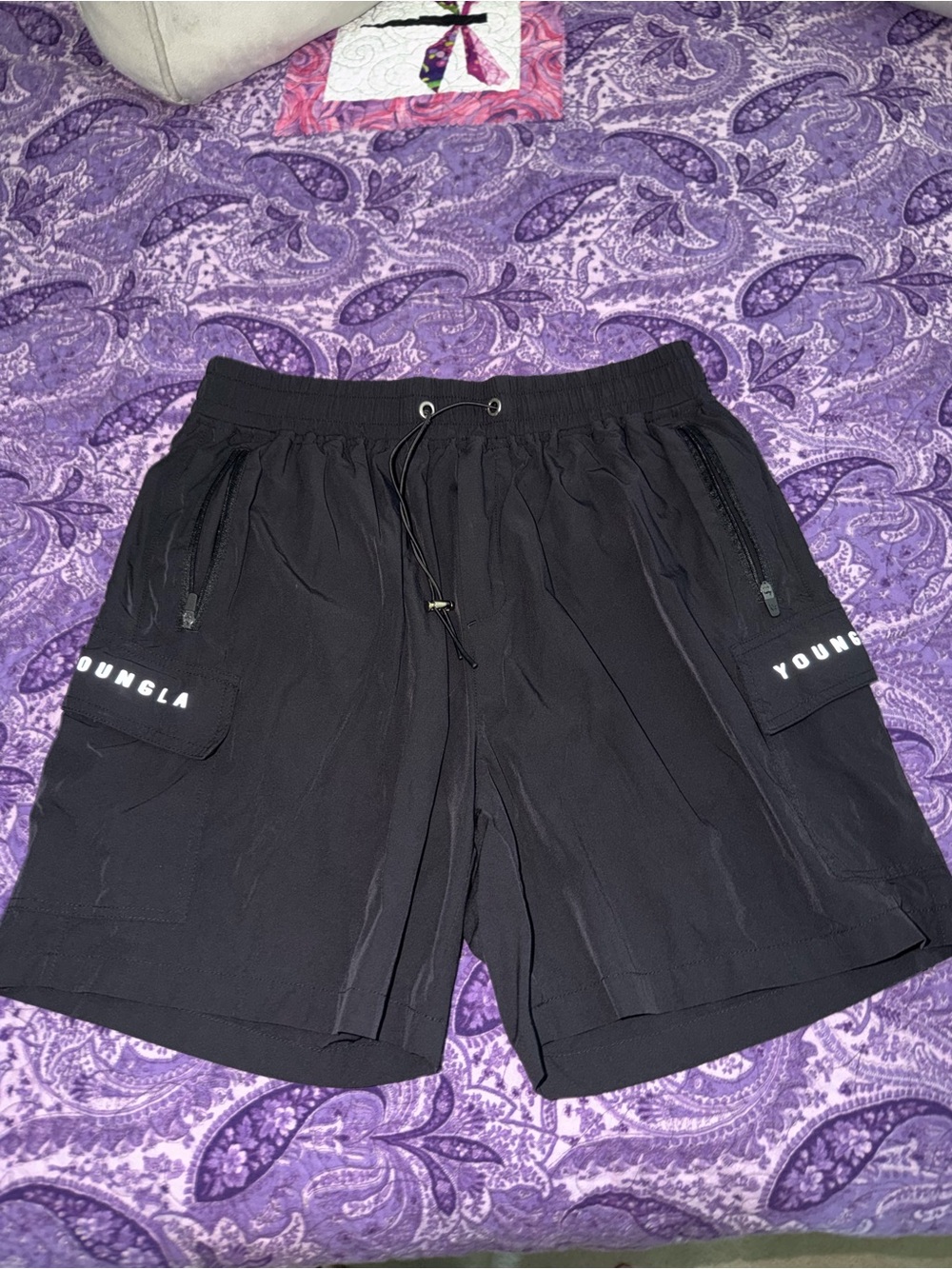 YoungLA Mens Black Athletic Cargo Shorts